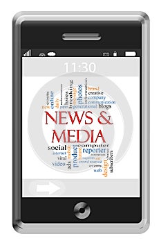 News & Media Word Cloud Concept on Touchscreen Phone