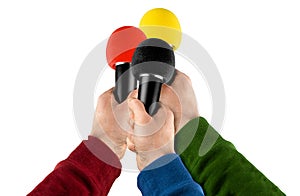 News reporter interview hands with microphone isolated white background. reporter live communication journalist press conference