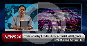 News, reporter woman and artificial intelligence in tv studio for broadcast, fear or futuristic coding. Television