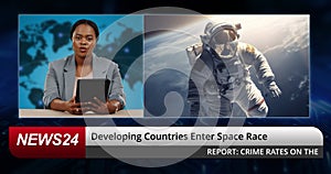 News, reporter woman and astronaut in space, tv studio and developing countries with interstellar travel. African