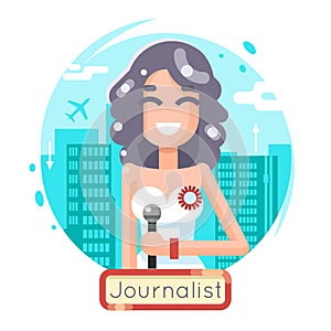 News Reporting Journalist Reporter Female Girl Character Mass Media Symbol on City Background Flat Design Template