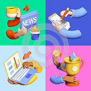 News, statistics and victory - realistic colorful 3d illustration set
