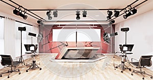 News studio room design aluminum trim gold on red wall, Backdrop for TV shows.3D rendering