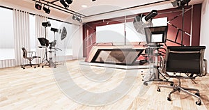 News studio room design aluminum trim gold on red wall, Backdrop for TV shows.3D rendering