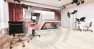 News studio room design aluminum trim gold on red wall, Backdrop for TV shows.3D rendering