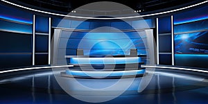 News studio, television newscaster background. Broadcast room interior. Broadcasting entertainment, empty scene