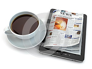 News on tablet pc with coffee cup.