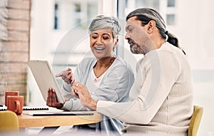 News, tablet or senior couple on social media reading information on internet or website in retirement. Mature, woman or