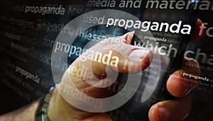 News titles on screen in hand with propaganda 3d illustration