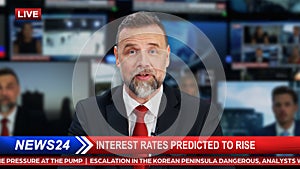 Daily News TV Program: Anchor Presenter Reporting About Politics, Economy, Daily Events and