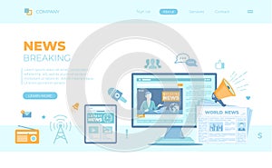 News Update, Online news. Breaking news website with broadcaster on the monitor and tablet screen, newspaper, radio, megaphone.