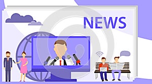 News vector illustration. The concept of news, interview. Flat tiny TV and newsletter read persons concept. Business service to