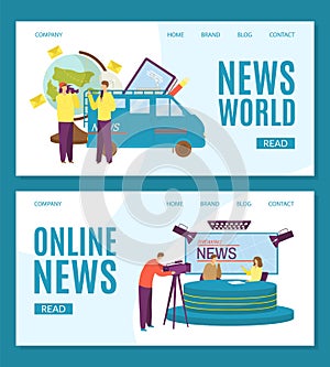 News world background concept, vector illustration. People character report flat information for media, business