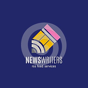 News Writers RSS Feed Services Abstract Vector Sign, Emblem or Logo Template. Creative Concept on Blue Background