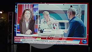 Newscast headline about artificial intelligence on VOD news channel, panning shot