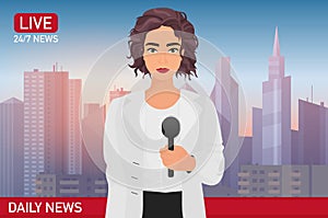 Newscaster pretty beautiful woman reports breaking news. Media TV news concept vector illustration.
