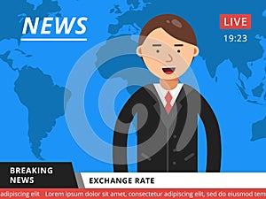 Newscaster at television. Hot breaking news vector illustration