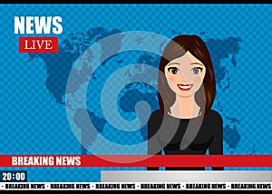 Newscaster woman reports breaking news. News vector illustration.