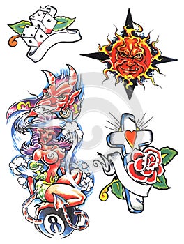 Newskool tattoo set. Skull tattoo set. Set of labels and elements. Vector set illustration template tattoo