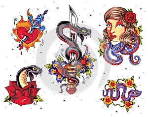 Newskool tattoo set. Set of labels and elements. Vector set illustration template tattoo.