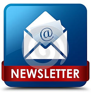 Newsletter blue square button red ribbon in middle