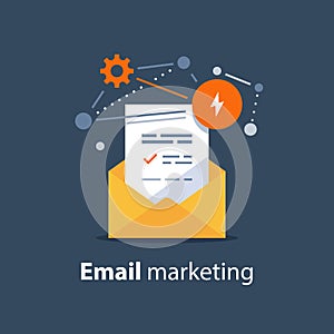 Newsletter concept, email marketing strategy, opened envelope, writing letter, summary news rss services