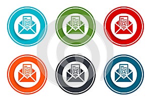 Newsletter email icon flat vector illustration design round buttons collection 6 concept colorful frame simple circle set