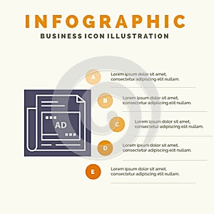 Newspaper, Ad, Paper, Headline Solid Icon Infographics 5 Steps Presentation Background