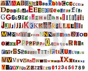 Newspaper alphabet with letters and numbers. photo