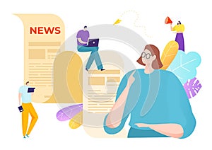 Newspaper breaking news concept tiny character, read online broadcast headline flat vector illustration, isolated on