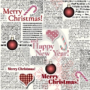 Newspaper Christmas pattern. Seamless square vector background.