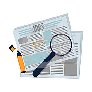 Newspaper for hiring, employment with magnifier