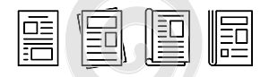 Newspaper icon set. Journal sign in line. Outline newspaper icon. Magazine icon in outline. Document symbol. Newspaper in linear.