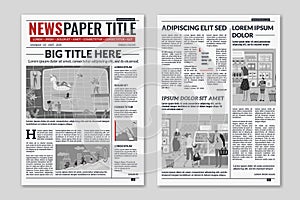 Newspaper layout. News column articles newsprint magazine design. Brochure newspaper sheets. Editorial journal vector