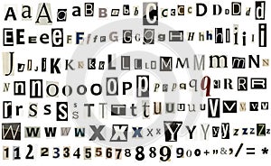 Newspaper, magazine alphabet with numbers and symbols