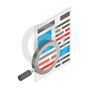 Newspaper with magnifying glass icon, isometric 3d