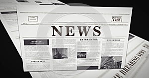 Newspaper: NEWS. Seamless digital loop background. NEWS headline on newspaper in front of press. Animation on black