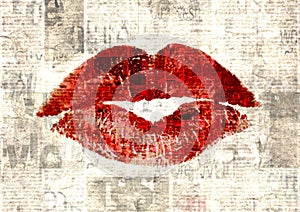 Newspaper with old grunge vintage unreadable paper texture background and woman`s lipstick kiss