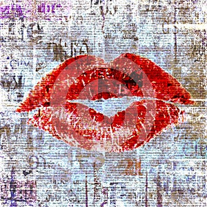 Newspaper with old grunge vintage unreadable paper texture background and woman`s lipstick kiss photo