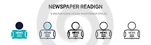 Newspaper readign icon in filled, thin line, outline and stroke style. Vector illustration of two colored and black newspaper