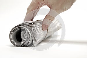 Newspaper Rolled up Isolated on White for News and Hand