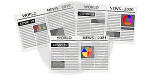 Newspaper-world news. Vector image of newspapers with news about coronavirus in 2019, 2020, 2021. News-articles about the pandemic