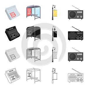 Newspaper, your advertising is here, stop transport, street lamp with banner, radio. Advertising set collection icons in