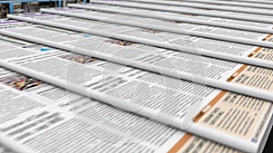 Newspapers with latest news release on a conveyor belt in the editorial office