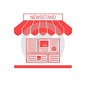 Newsstand, News Stall Single Flat Vector Icon. Striped Awning and Signboard