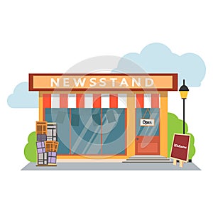 Newsstand selling newspapers and magazines.Press kiosk. Vector illustration. photo