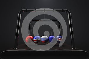 Newton`s cradle. Balls with the state symbols: China, USA, Russia, European Union, United Kingdom