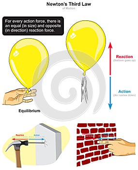 Newton third law of motion infographic diagram example balloon hammer nail pressing wall photo