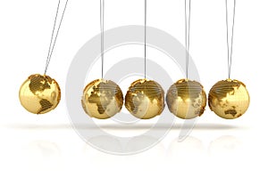 Newtons cradle with golden globes formed by