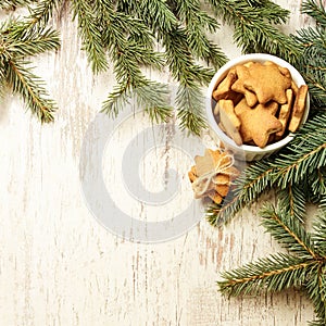 NewYear. Delicious ginger biscuits. Fir branch. Light background